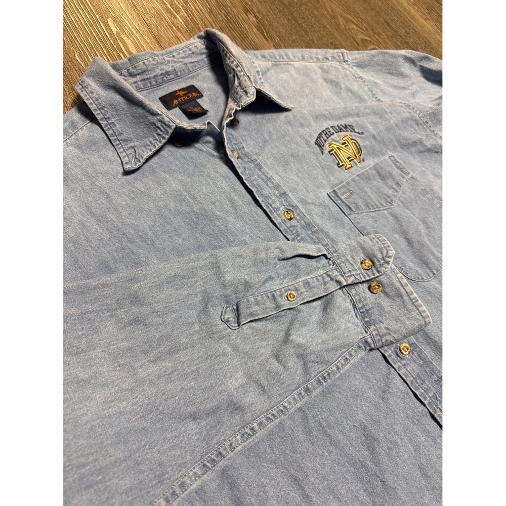 Vintage Antigua Notre Dame Fighting Irish Denim Button Down Shirt Mens L Blue